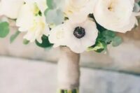 a white peony and anemone wedding bouquet with a twine wrap is a stylish idea with a touch of whimsy
