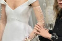 long sheer gloves with embellishments and floral lace applique are amazing to spruce up a plain wedding dress