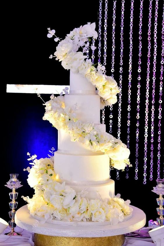 a white round wedding cake with white rose swirls around it is a very beautiful and bold idea for a formal wedding