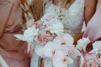 16 an elegant modern wedding bouquet of blush and white roses, blush orchids and bunny tails is a lovely idea