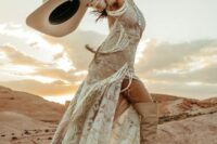 17 a nude halter neckline lace wedding dress, tall tan boots, statement accessories and a creamy hat for creating a western bridal look