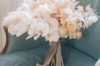 18 an airy neutral wedding bouquet with orchids, roses, peony roses, dried grasses and blooms is lovely for a neutral wedding
