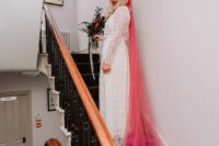 34 a neon pink wedding veil with feathers is a fantastic color touch to your bridal look, everything Barbiecore is on top