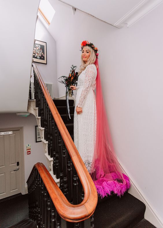 a neon pink wedding veil with feathers is a fantastic color touch to your bridal look, everything Barbiecore is on top