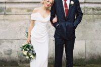 41 a pretty and feminine off the shoulder draped wedding dress and silver shoes are a nice combo for a romantic bride