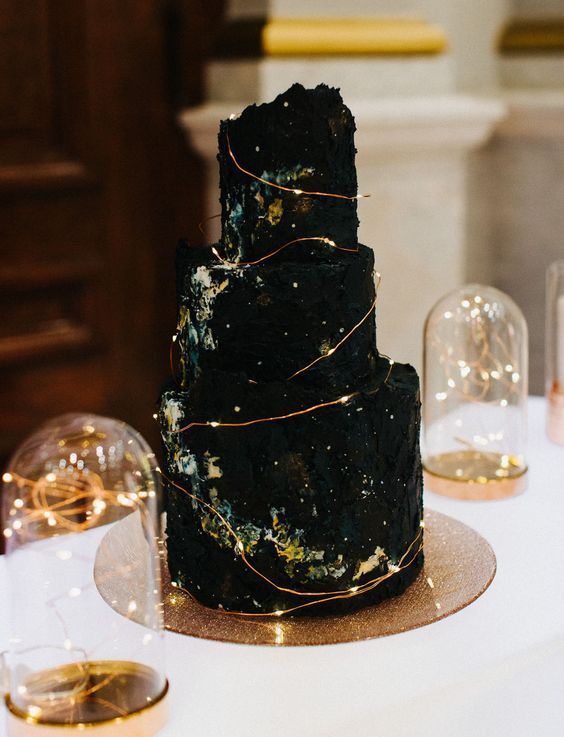 a textural black wedding cake with galaxies painted and with LED lights is a fantastic idea for a starry night wedding