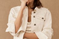 06 a white denim jacket embellished with pearls is a chic and delicate idea for a wedding in spring or summer