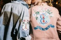 10 personalized bridal jackets – a blue applique denim one with long gold fringe and a pink leather one with handpainting