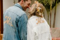 13 a white denim jacket with gold painted letters and white fringe is a stylish and easy to DIY idea for a bride