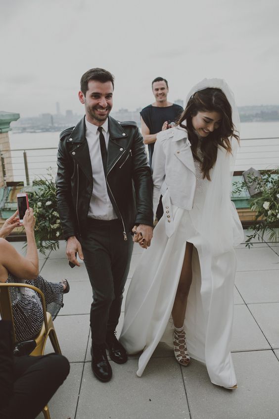 a white cropped leather jacket is a great cover up for a wedding, it's a classic piece that can be personalized