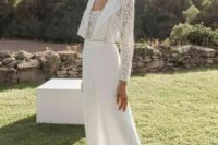 28 a modern bridal look with plain wideleg pants, a lace top and a matching moto jacket is a cool idea
