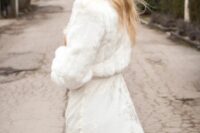 40 a white faux fur cropped bridal jacket is a great and timeless cover up for a modern bride