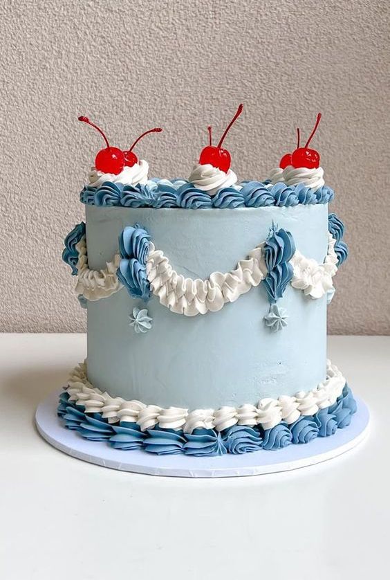 a catchy light blue, blue and white lambeth wedding cake with sugar patterns and cherries on top is amazing for summer