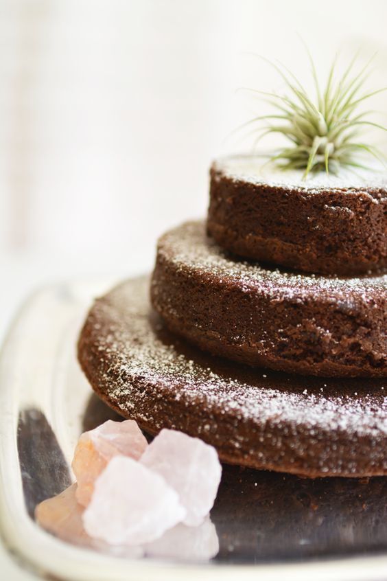 a classic tiered wedding cake of brownie tiers topped with an air plant is a fresh and cool solution for a boho wedding