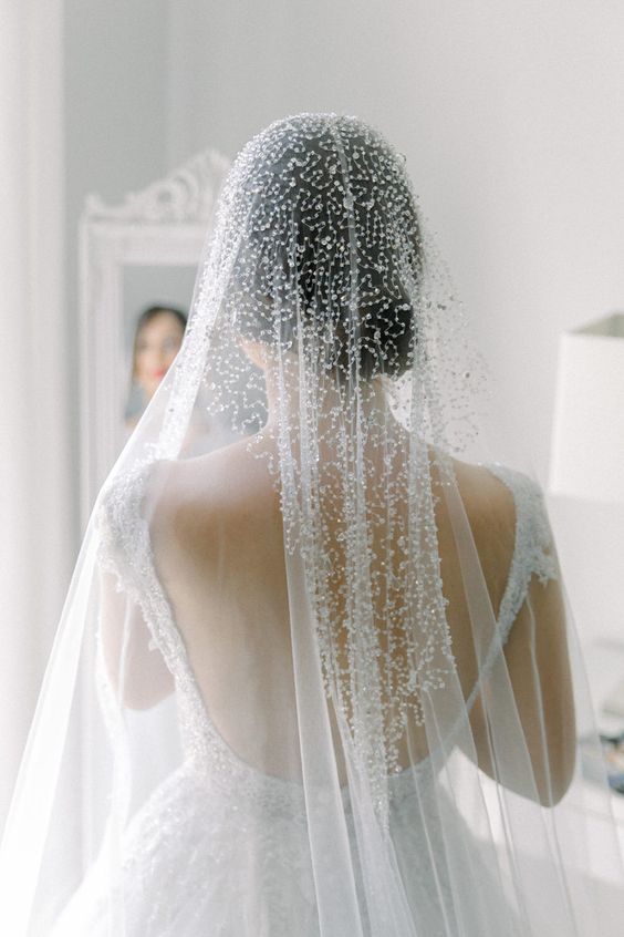 a glam wedding veil with crystals covering the head and going back is a creative take on classic embellished veils