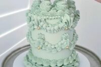 a green lambeth wedding cake with sugar patterns, gold beads and a gilded cherry on top is a lovely idea for a spring wedding