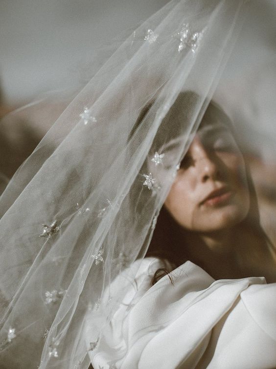 a silver star embellished veil will be a perfect accessory for a modern celestial bride, it looks chic and airy