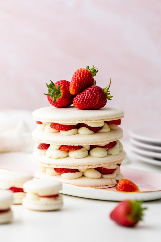 a strawberry shortcake macaron cake with vanilla cream, fresh berries inside and on top is a refined wedding dessert idea