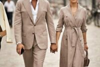 02 a beige suit, a white shirt, black loafers for a couple look at an informal wedding