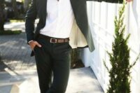 04 a black pantsuit, a white shirt, brown shoes and a brown belt are a timeless combo for a stylish wedding guest look