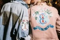 06 personalized bridal jackets – a blue applique denim one with long gold fringe and a pink leather one with handpainting