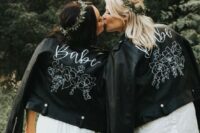 13 customized black leather jackets for both brides are a cool way to pull off a unifying touch