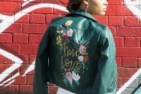 16 a green leather jacket with painted bright blooms and gold calligraphy is a catchy and chic idea for a wedding