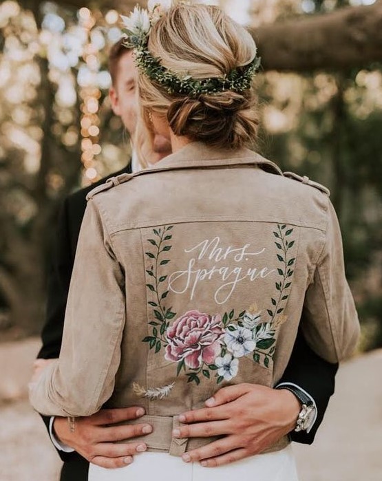 a neutral leather jacket with handpainted flowers and a new second name is a cool idea for the fall