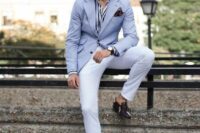 31 an elegant striped shirt, white trousers, a light blue blazer, brown shoes and a handkerchief are a lovely look