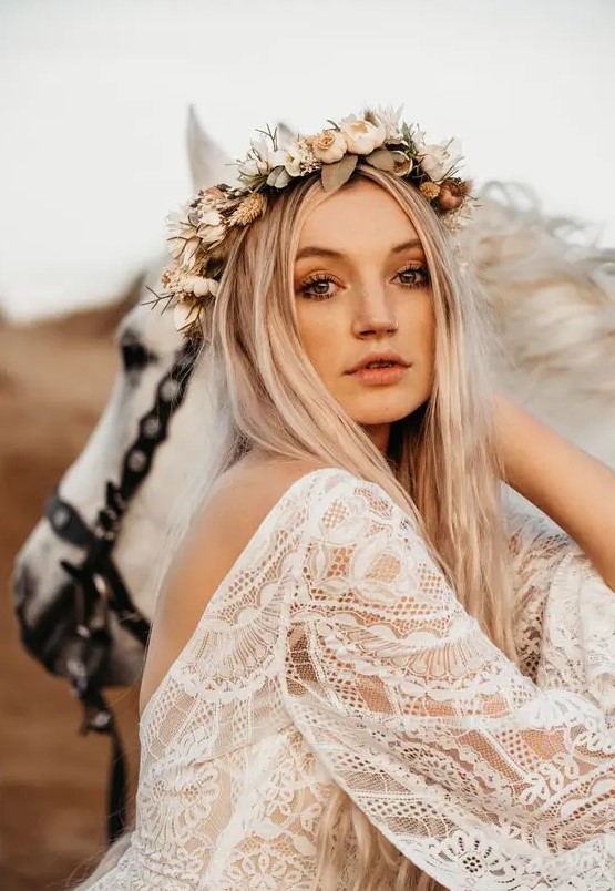a very delicate and subtle fresh and dried flower crown in neutrals is a lovely addition to a boho bridal look