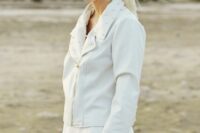 a white leather jacket with pearls is a fantastic and glam bridal cover up that can match many looks and outfits