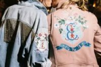 personalized bridal jackets – a blue applique denim one with long gold fringe and a pink leather one with handpainting