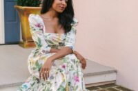 03 a beautiful and romantic white midi dress with bold floral prints, a square neckline, puff sleeves, gold shoes for summer