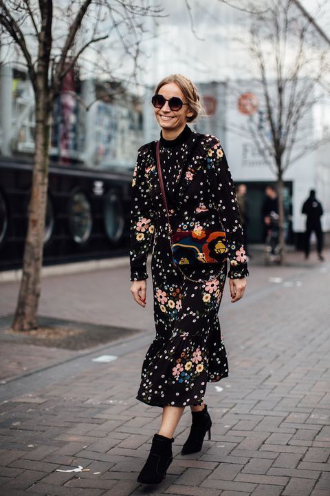 a beautiful black floral midi dress with a high neckline and long sleeves, black velvet boots and a black pritned bag for a winter wedding
