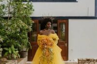 04 a bold yellow off the shoulder wedding ballgown with long sleeves and a layered full skirt plus a crown for a royal look