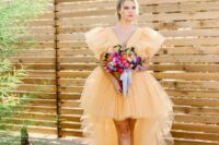 05 a breathtaking yellow tulle high low wedding dress and navy shoes with floral detailing for a jaw-dropping look