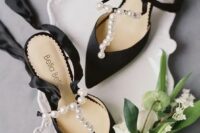 05 refined black shoes with pearl straps and silk ribbons are a very beautiful solution not only for a Halloween but for many other brides, too
