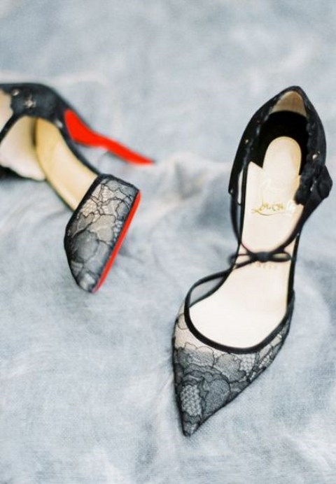 sheer black lace shoes with little bows for a girlish and playful feel in your bridal look