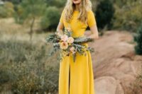 07 a minimalist mustard A-line wedding dress with a front slit, short sleeves and a high neckline for a summer or fall bride