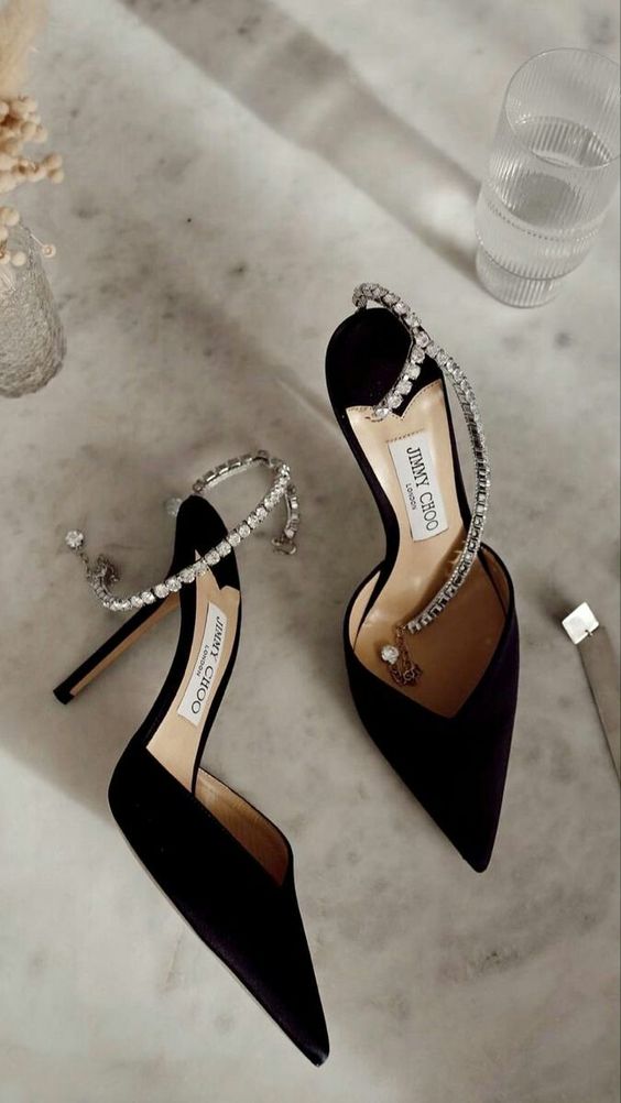 sophisticated black pointed toe wedding shoes with embellished ankle straps are very refined and gorgeous