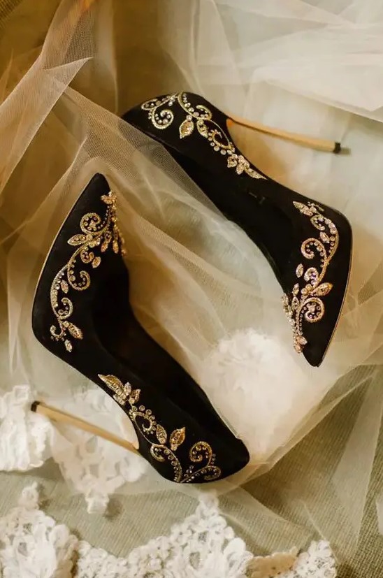 black suede wedding heels with gold embroidery and embellishments for a glam bride