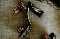 09 black velvet platform sandals with block heels and colorful floral embroidery all over for a boho festival wedding