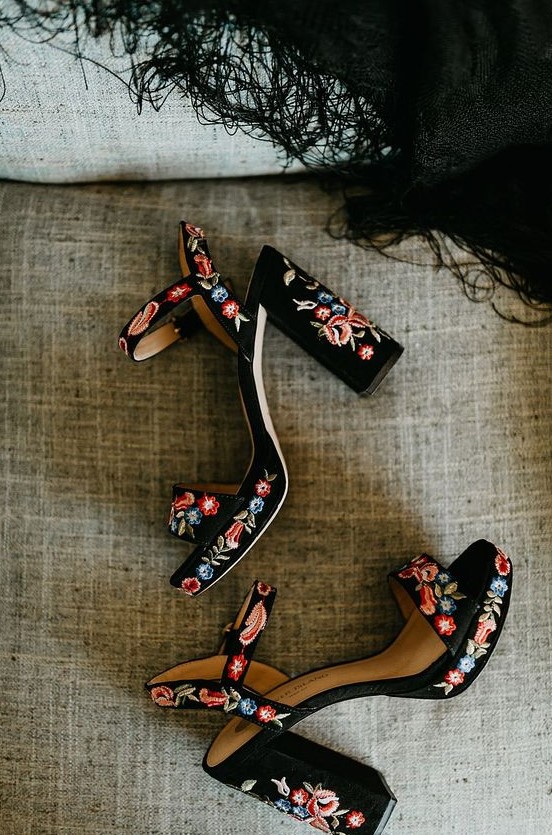 black velvet platform sandals with block heels and colorful floral embroidery all over for a boho festival wedding