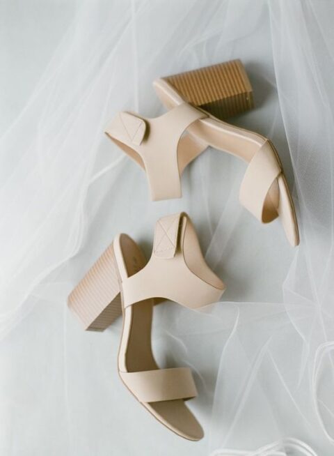comfortable nude block heels with wide straps are great for wearing them at the wedding and after it