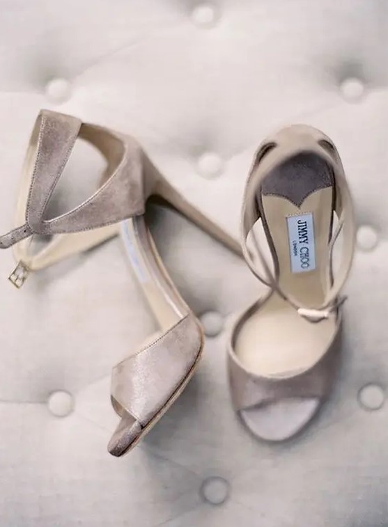 elegant and refined greige wedding shoes with cutouts and ankle straps are adorable for a fall or summer wedding