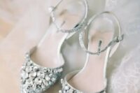 11 blue glitter statement embellished wedding shoes with ankle straps are a bold glam statement for a summer bride