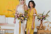 13 a yellow sleeveless wrap maxi bridesmaid dress and pink mules for a boho bridesmaid look