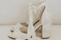 13 beautiful white wedding shoes with peep toes, pearl flowers and ankle straps are a chic and cool idea
