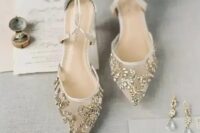 14 chic semi sheer white wedding shoes with gold rhinestone embroidery and straps for an ethereal look