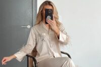 15 a nude silk pajamas set with feathers and a monogram is a pretty and cool idea with a subtle touch of color